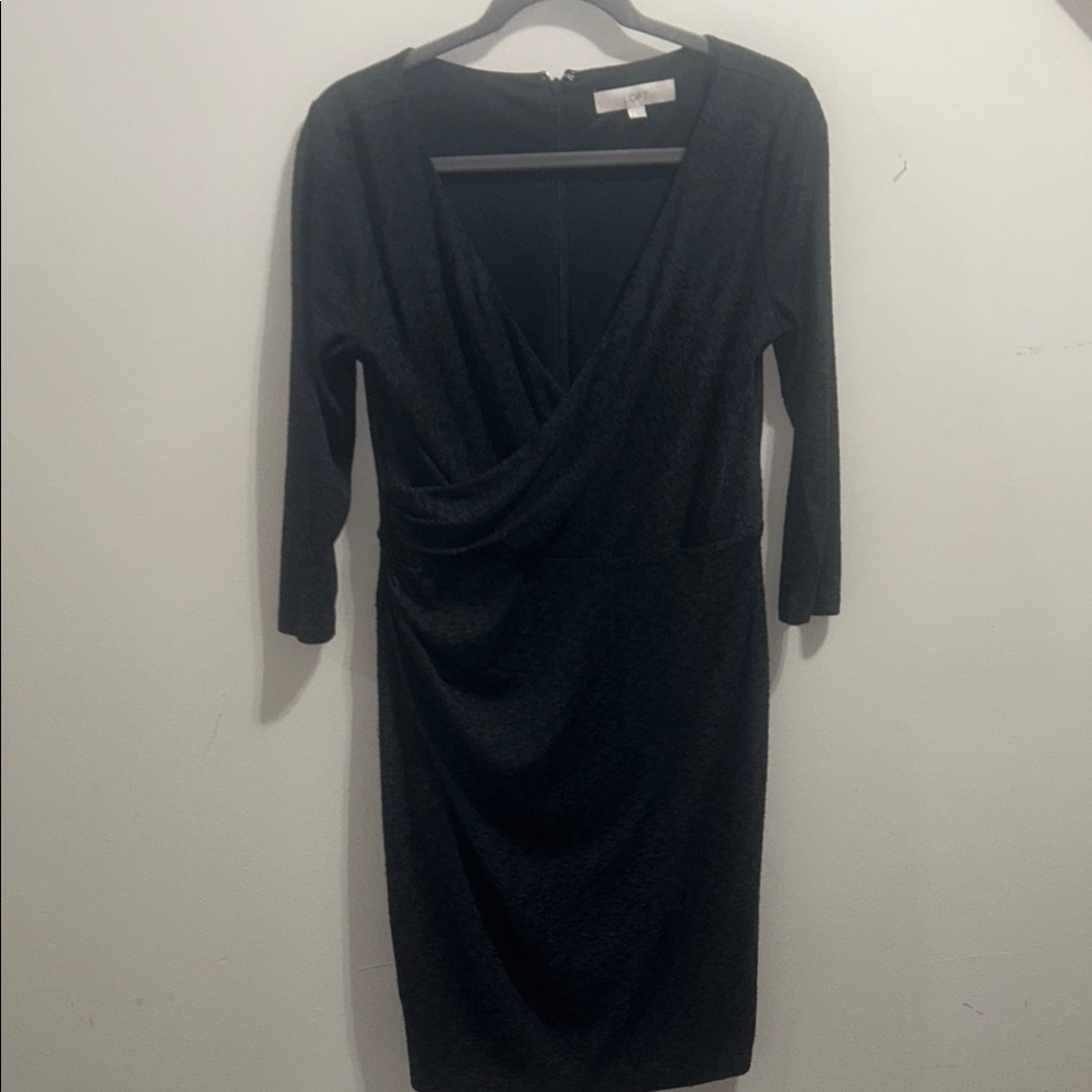 LOFT Black Draped Long Sleeve Dress